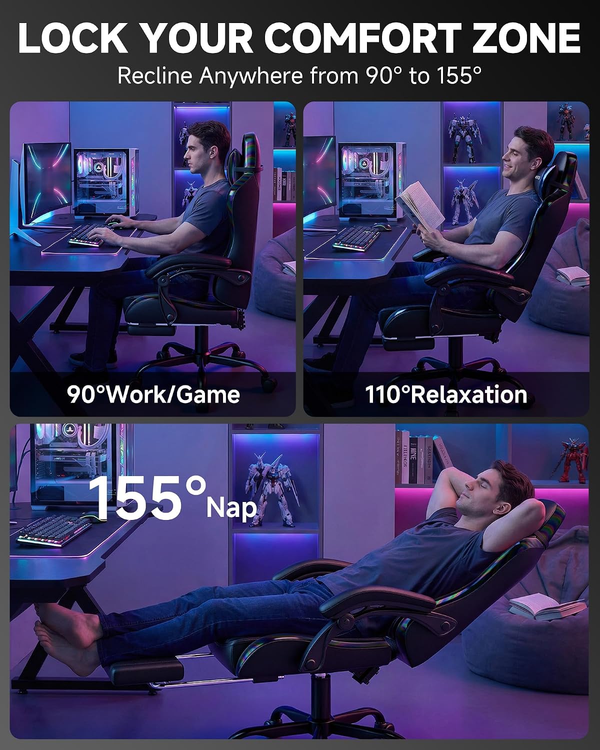 GTPLAYER Gaming Chair, Ergonomic Computer Office Chairs for Adults with Footrest, Height Adjustable, Linkage Armrests, 90-155° Recline & Headrest Lumbar Support, Black