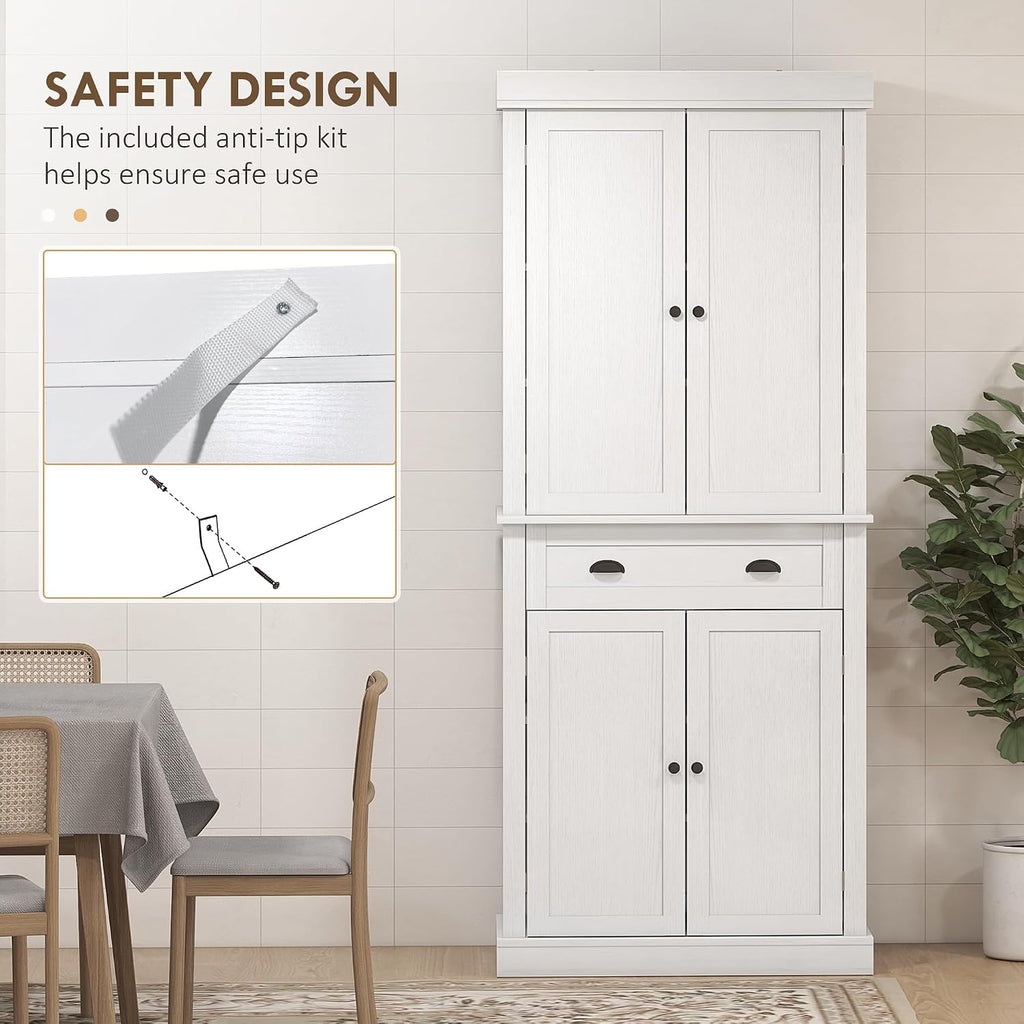 HOMCOM 72.5" Kitchen Pantry Cabinet, Traditional Freestanding Storage Cabinet with 4 Doors, Drawer and 3 Adjustable Shelves for Dining Room, White Wood Grain