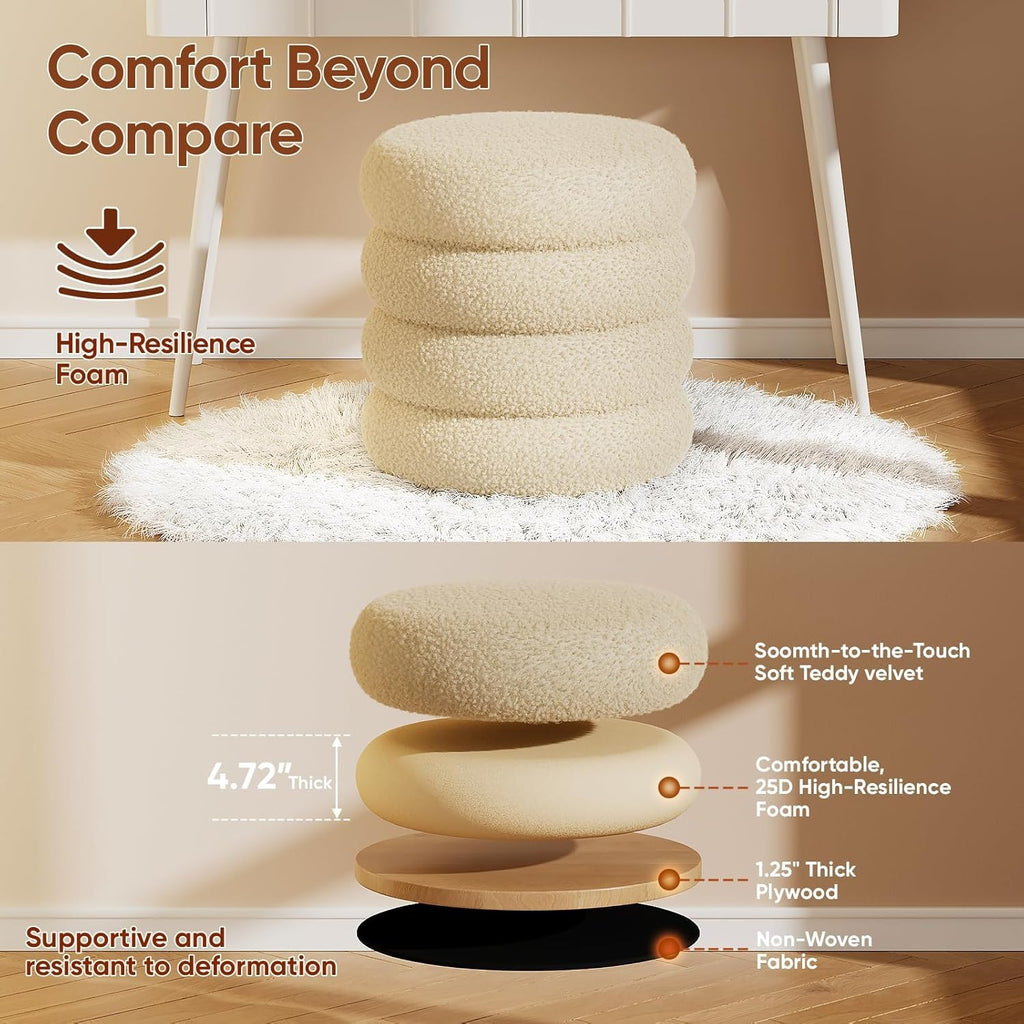 Soft Teddy Round Ottoman with Tray, 17.5 Inches Ottoman Coffee Table with Storage for Living Room, Vanity Stool with Storage Bedroom, Load up to 300 lb, No Assembly Required (Beige)