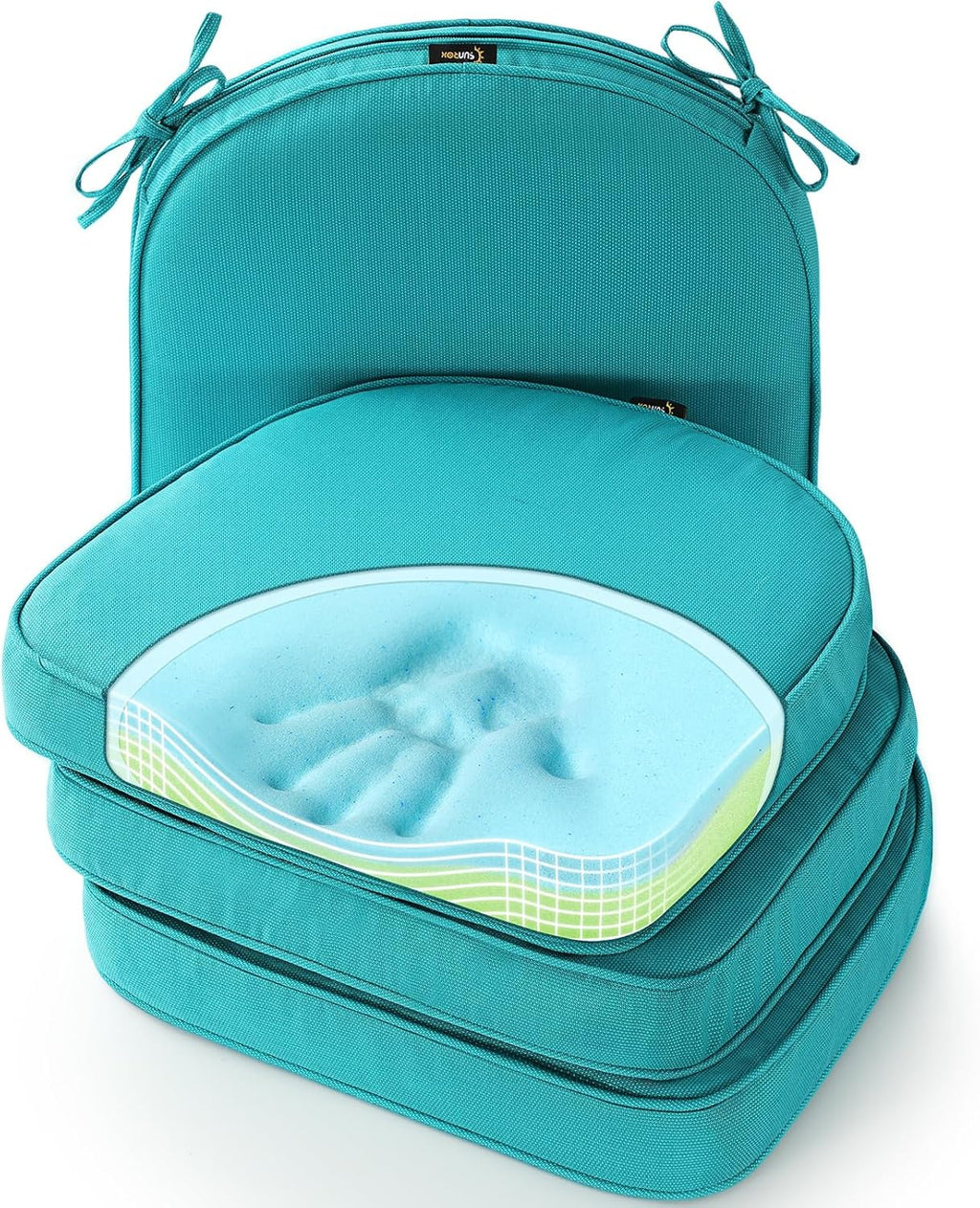 SUNROX Gel Memory Foam Chair Cushions, FadeShield Water-, Stain-Resistant Durable Reversible Seat Cushion Pads with Ties for Indoor/Outdoor Kitchen Dining Office 17"x16" Set of 4, Turquoise