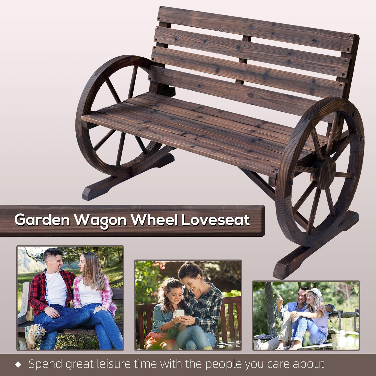 Outdoor Bench with Carbonized Finish, Solid Fir Wood, 2-Person 550lb Capacity
