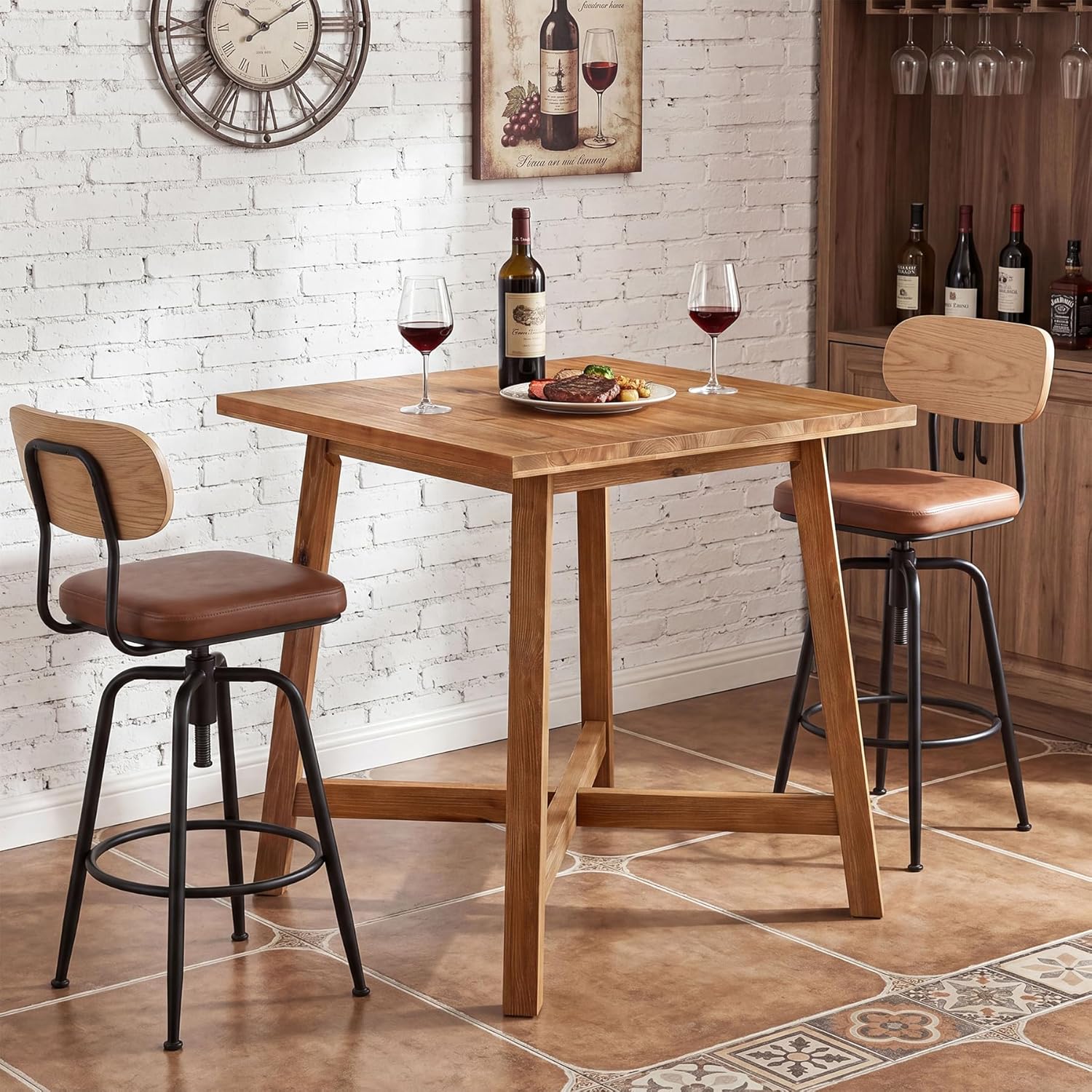 Solid Wood Bar Table, 31.5" Square Counter Height Pub Bistro Table with Footrest for Kitchen Dining Room, Farmhouse Small High Top Cocktail Furniture for Apartment Cafe, Brown