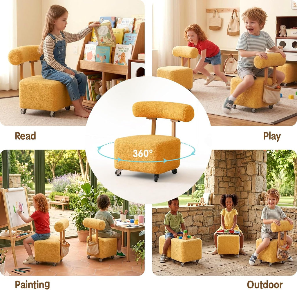 Toddler Rolling Chair with Backrest, Yellow | 230lbs Heavy Duty, Boucle Low Rolling Stool, Cute Sensory Furry Small Chair, 3-8 Years Old