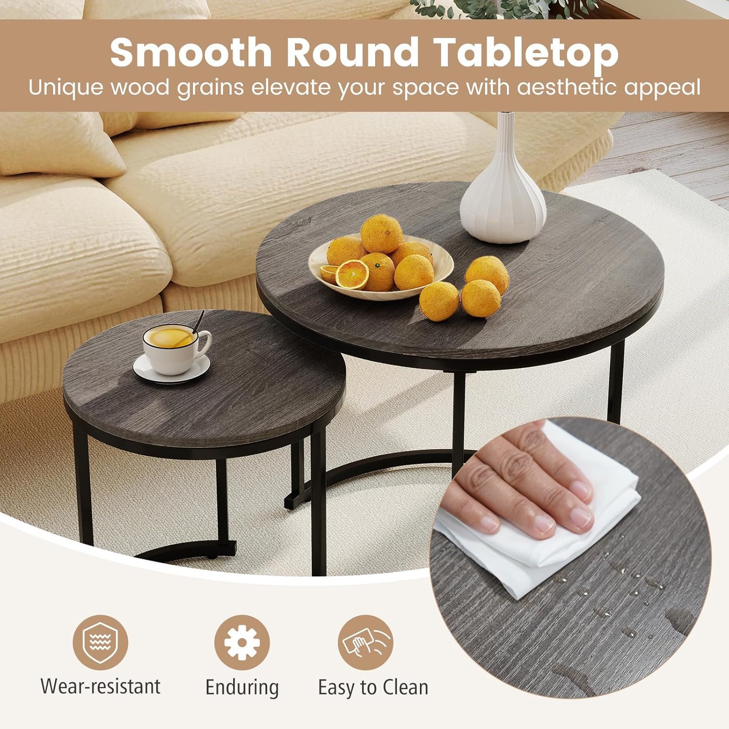 Giantex Nesting Coffee Table Set of 2, Round Stacking Side Tables with Wooden Tabletop & Powder Coated Steel Frame, Space Saving Vintage End Tables for Living Room, Balcony, Office (Grey Oak)