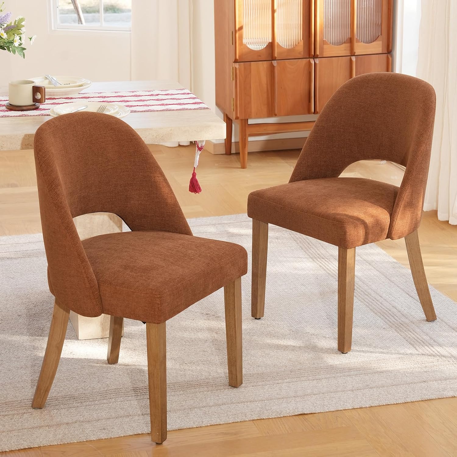 Wooden Dining Chairs Set of 2, Upholstered Modern Chenille Dining Room Chair Kitchen Chairs, Comfy Farmhouse Dinner Chair for Kitchen Dining Room, Orange