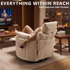Chenille Nursery Rocking Chairs Recliner, Manual, White | 4" Height and 55° Angle Adjustable Headrest, 360° Silent Swivel, Glider, Phone Holder, 2 Side Pockets, 2 Pillows, 400LBS