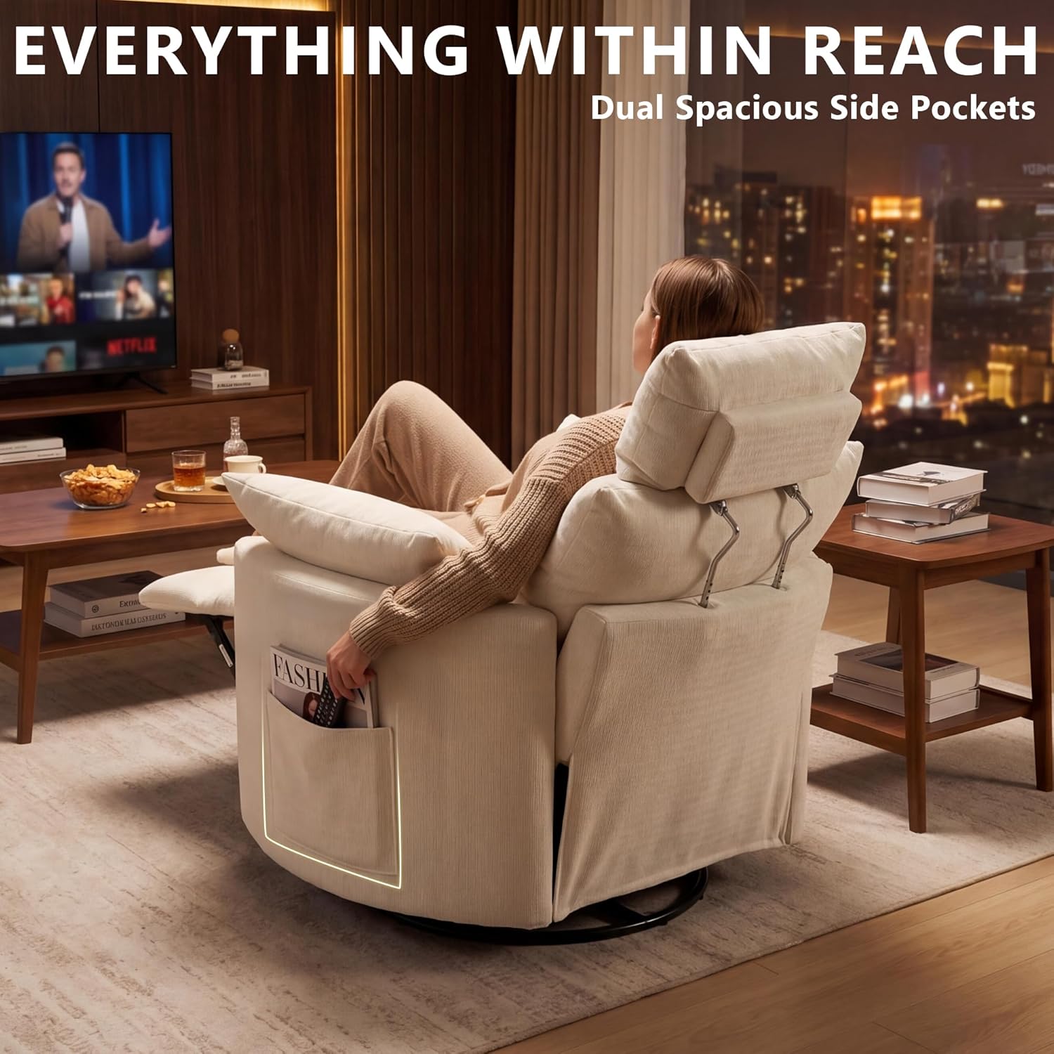 Chenille Nursery Rocking Chairs Recliner, Manual, White | 4" Height and 55° Angle Adjustable Headrest, 360° Silent Swivel, Glider, Phone Holder, 2 Side Pockets, 2 Pillows, 400LBS