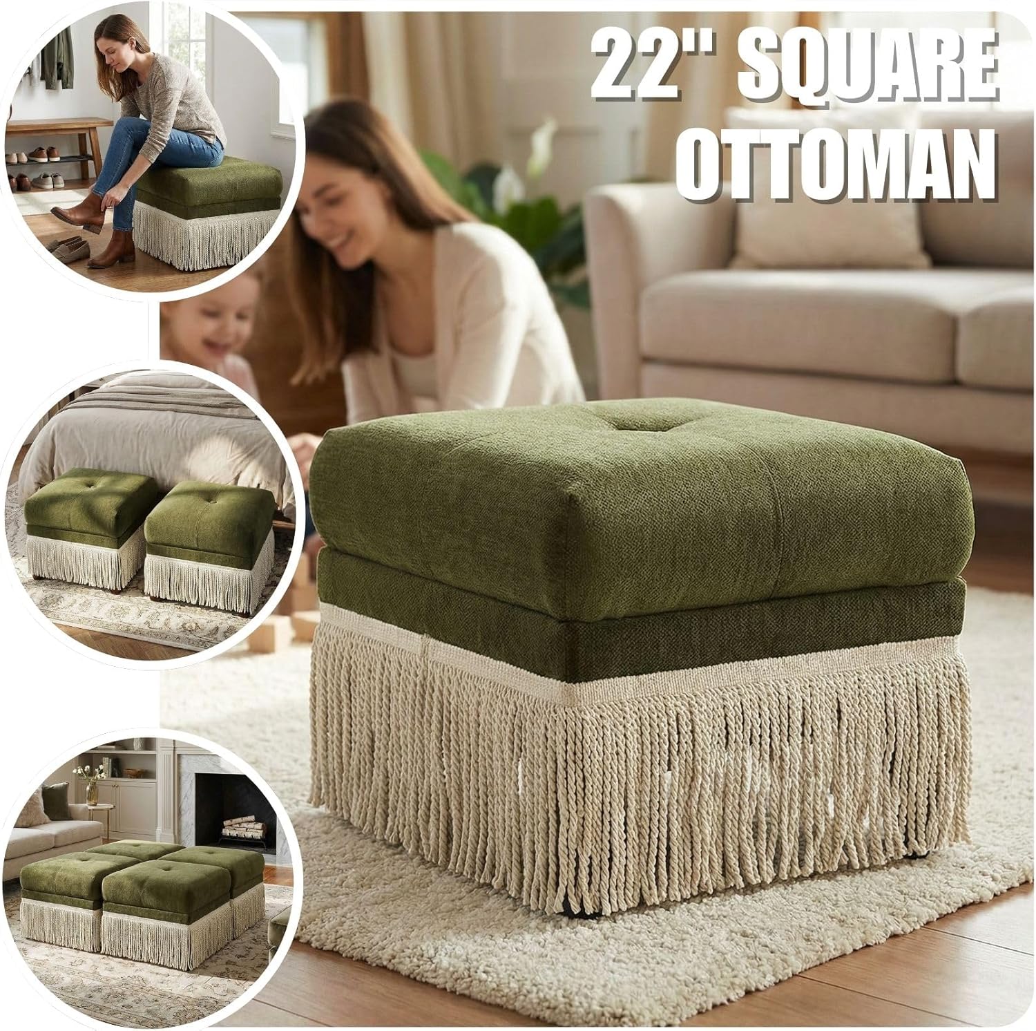 Hyfirm 22 Inch Square Green Ottoman with Fringe for Living Room, Plush Footstool Ottoman for for Bedroom, Modern Boho Upholstered Accent Pouf Ottomans Foot Rest
