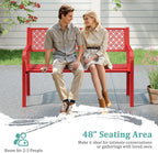 Tangkula 50 Inches Outdoor Garden Bench, Metal Patio Park Bench with Geometric Lattice Backrest, Armrests and Slatted Seat, Outdoor Loveseat Chair for Porch, Lawn and Yard (Red)