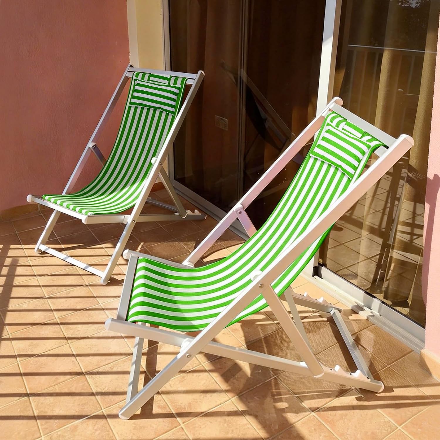 Beach Sling Chair Replacement Canvas, 16x44.5 Inch Folding Lounge Chair Fabric with Pillow for Beach/Sunbathing/Courtyard/Garden [Pinstripe Green, Only Replacement]