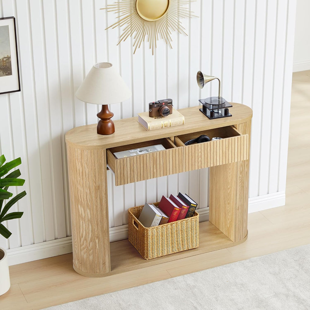 42.5” Console Table with 2 Drawers, Fluted Entryway Table with Rounded Corners, Rectangular Sofa Table Behind Couch for Living Room, Hallway, Foyer (Natural)