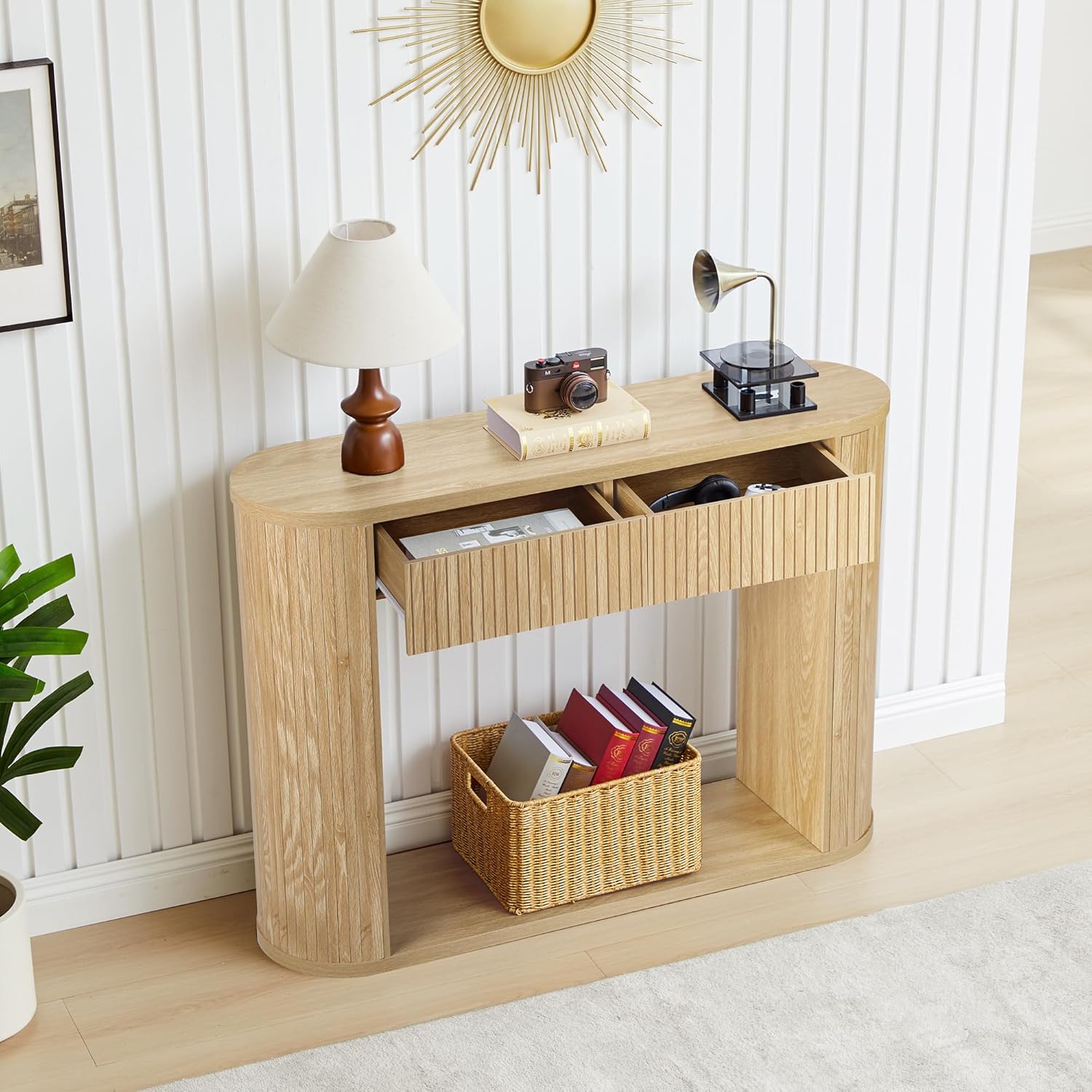 42.5” Console Table with 2 Drawers, Fluted Entryway Table with Rounded Corners, Rectangular Sofa Table Behind Couch for Living Room, Hallway, Foyer (Natural)