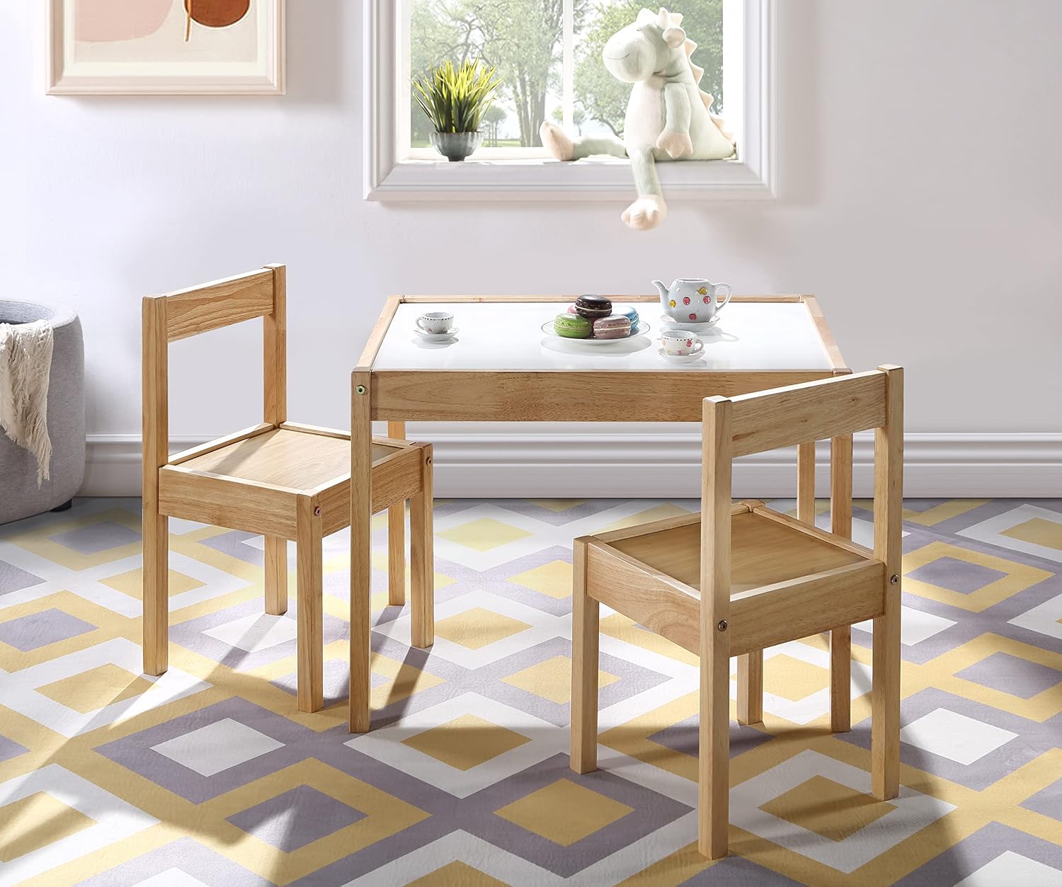 3 Pcs Dry Erase Table Two Chair Set, Natural