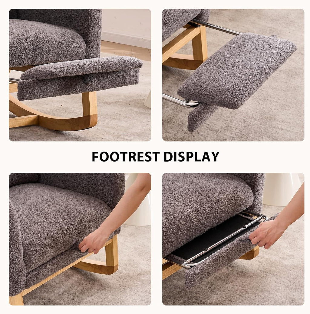 Nursery Rocking Chair with Retractable Footrest,Accent Rocker for Relaxing, Side Pocket,A+ Grade Rubber Wood,Suitable for Living Room,Bedroom and Balcony (Teddy Fleece, Dark Gray)
