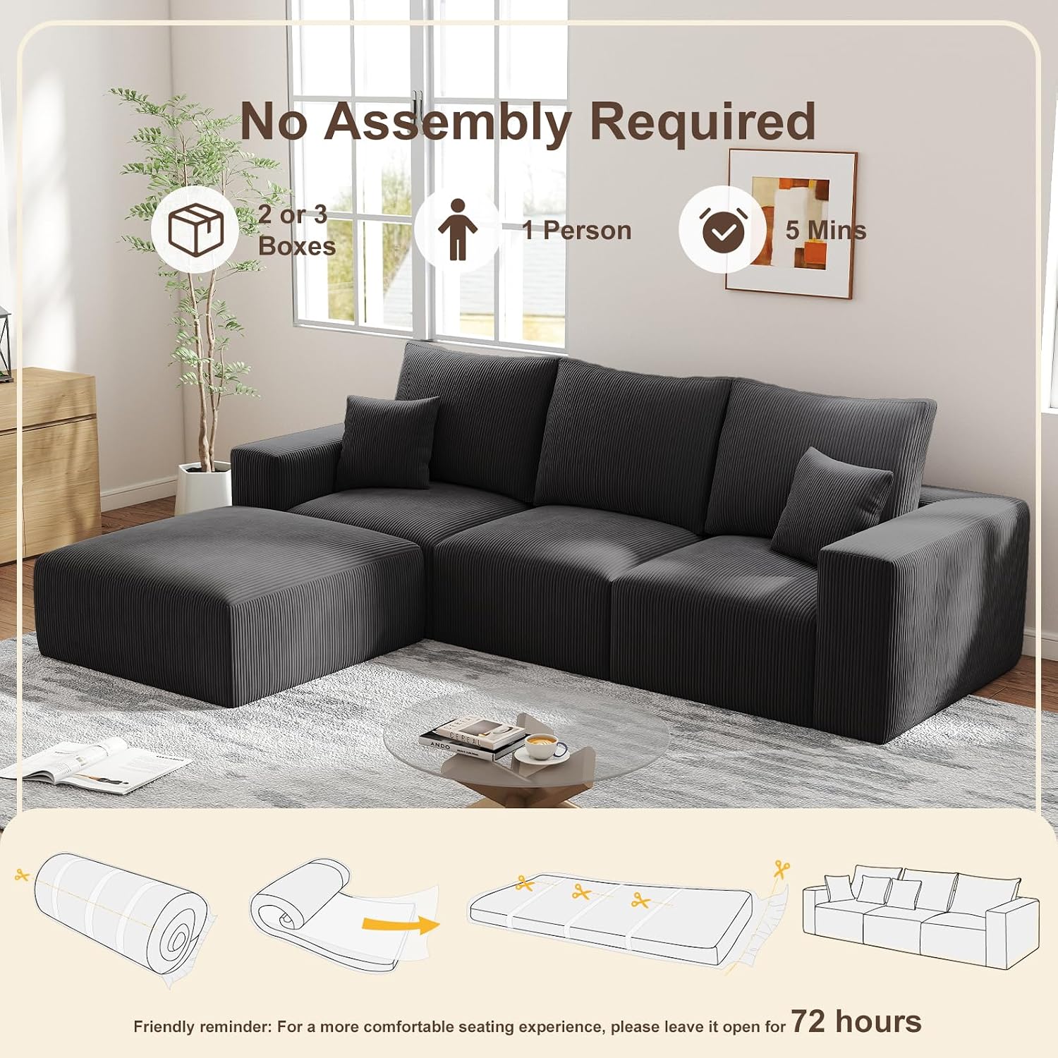 2 Square Cloud Footstool for Living Room, No Assembly Modular Corduroy Convertible Seat, Modern Boneless Style Sofa Accessory for Lounge or Bedroom