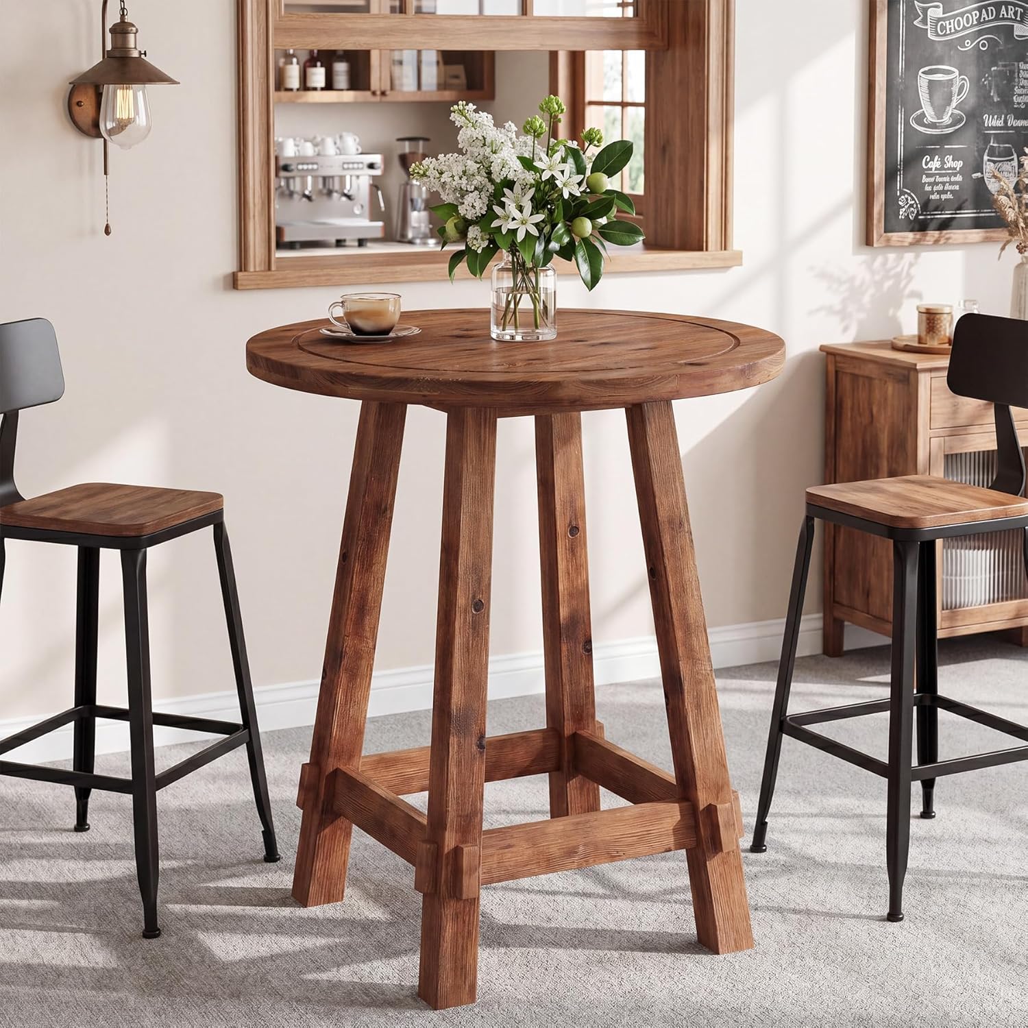 Solid Wood Bar Table, 39.4" High Round Bar Height Table, Farmhouse High Top Pub Bistro Tables, Small Space Cocktail Tables for Kitchen, Living Room, Brown (Table Only)