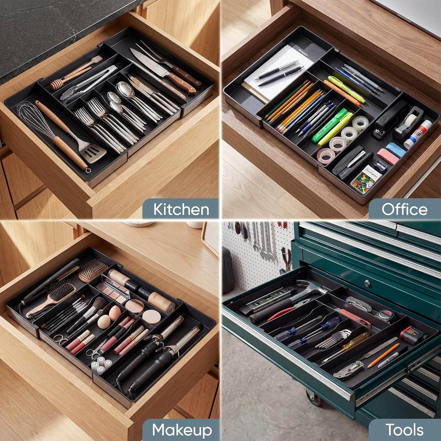 Extra Large Silverware Organizer, 9 Slot Expandable Kitchen Drawer Organizer, Utensil Holder, Heavy Duty Stainless Steel Frame Silverware Drawer Organizer, 8 Non-Slip Feet Included, BPA Free, Black
