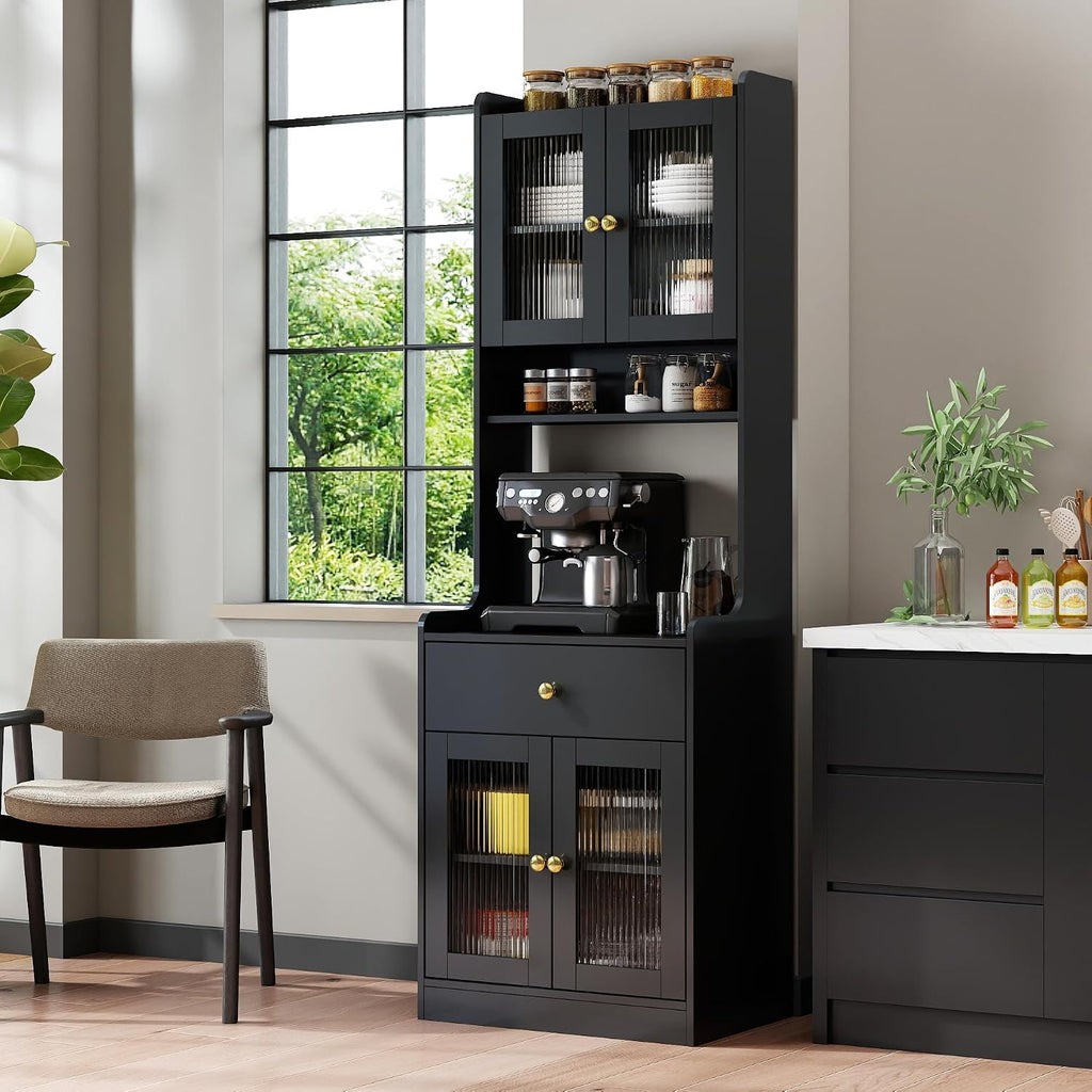 Kitchen Pantry Cabinet with Doors and Drawer, 71" Freestanding Kitchen Hutch Cabinet with Open Shelf and Cable Management Hole, Coffee Bar Cabinet Buffet Sideboard for Kitchen Dining Room (Black)