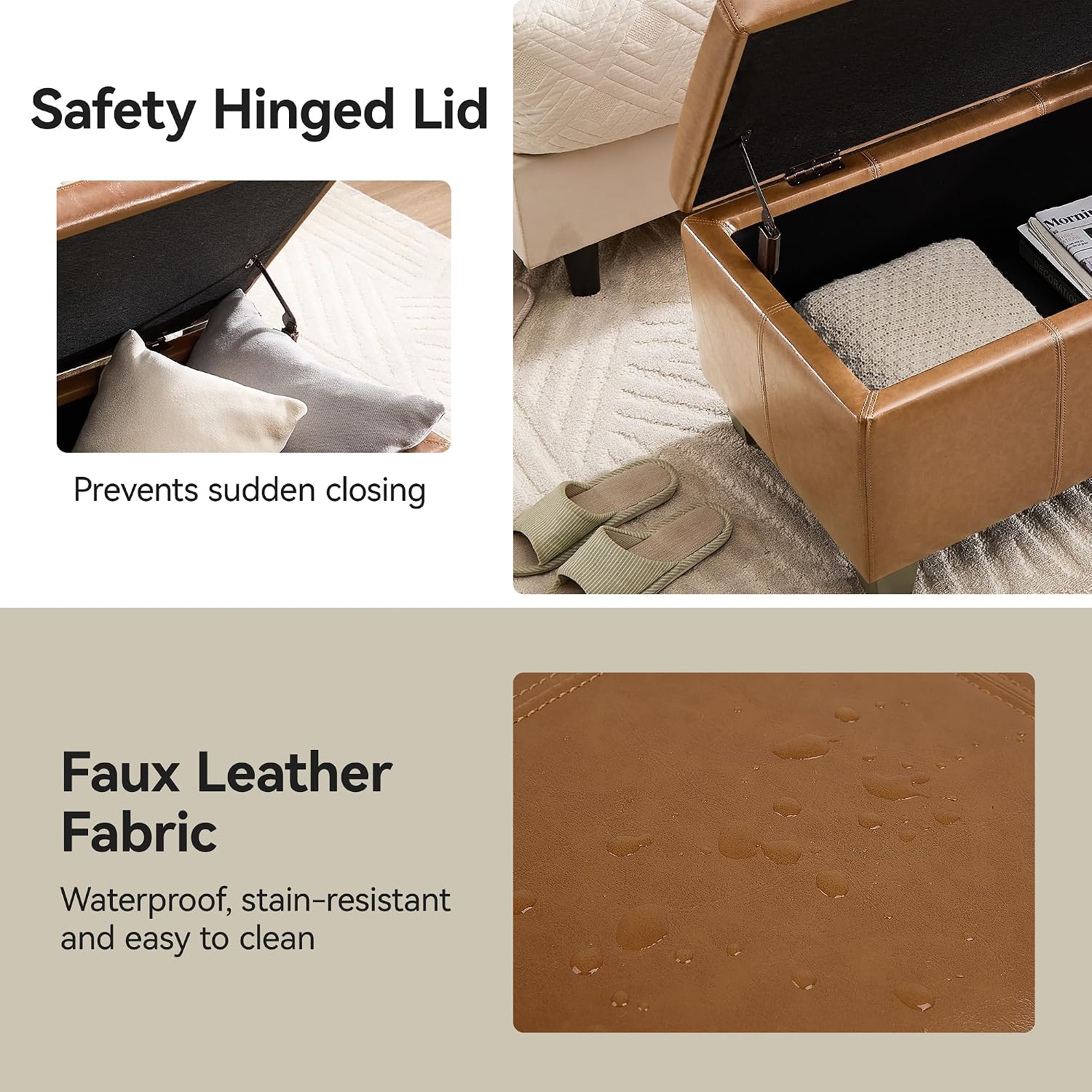 WUTUTUEE 41" Faux Leather Storage Ottoman, Stitch Tufted Rectangle Upholstered End of Bed Storage Bench, Entryway Large Couch Ottoman with Wooden Legs, Light Brown