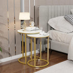 Set of 2 Modern Round Marble Metal Base Nesting Set Side Accent Table Living Room Storage Small End Table Coffee Table, Marble and Gold