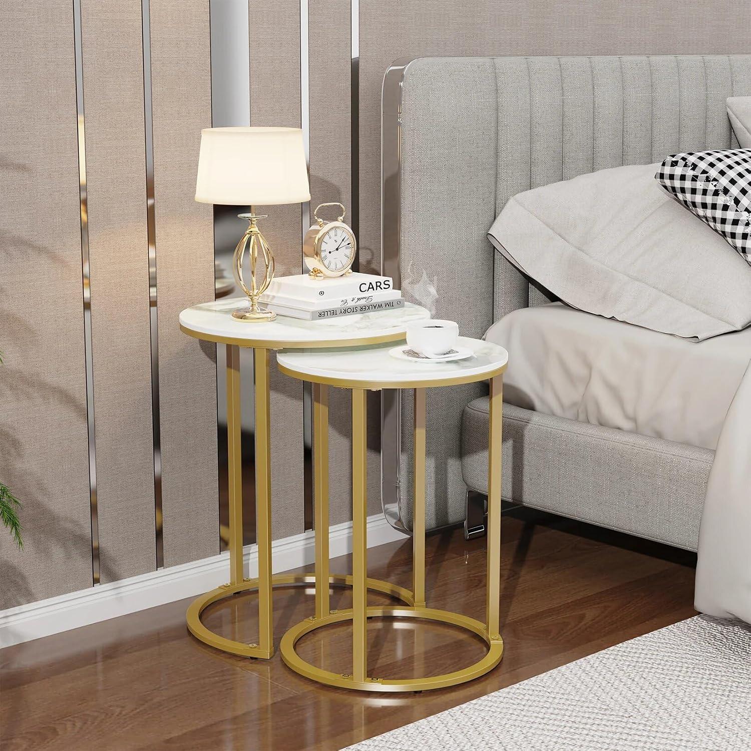 Set of 2 Modern Round Marble Metal Base Nesting Set Side Accent Table Living Room Storage Small End Table Coffee Table, Marble and Gold