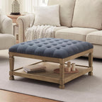 Ottoman Coffee Table,Square Wooden Upholstered Tufted Ottoman Foot Rest with Storage, Padded Linen Coffee Tables for Farmhouse Lliving Room (Blue)