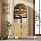 IDEALHOUSE Arched Kitchen Pantry Cabinet with Doors, 5-Tier Wooden Display Cabinet with Adjustable Shelf, Farmhouse Storage Organizer for Kitchen, Dining Room, Living Room, Home Office, Natural