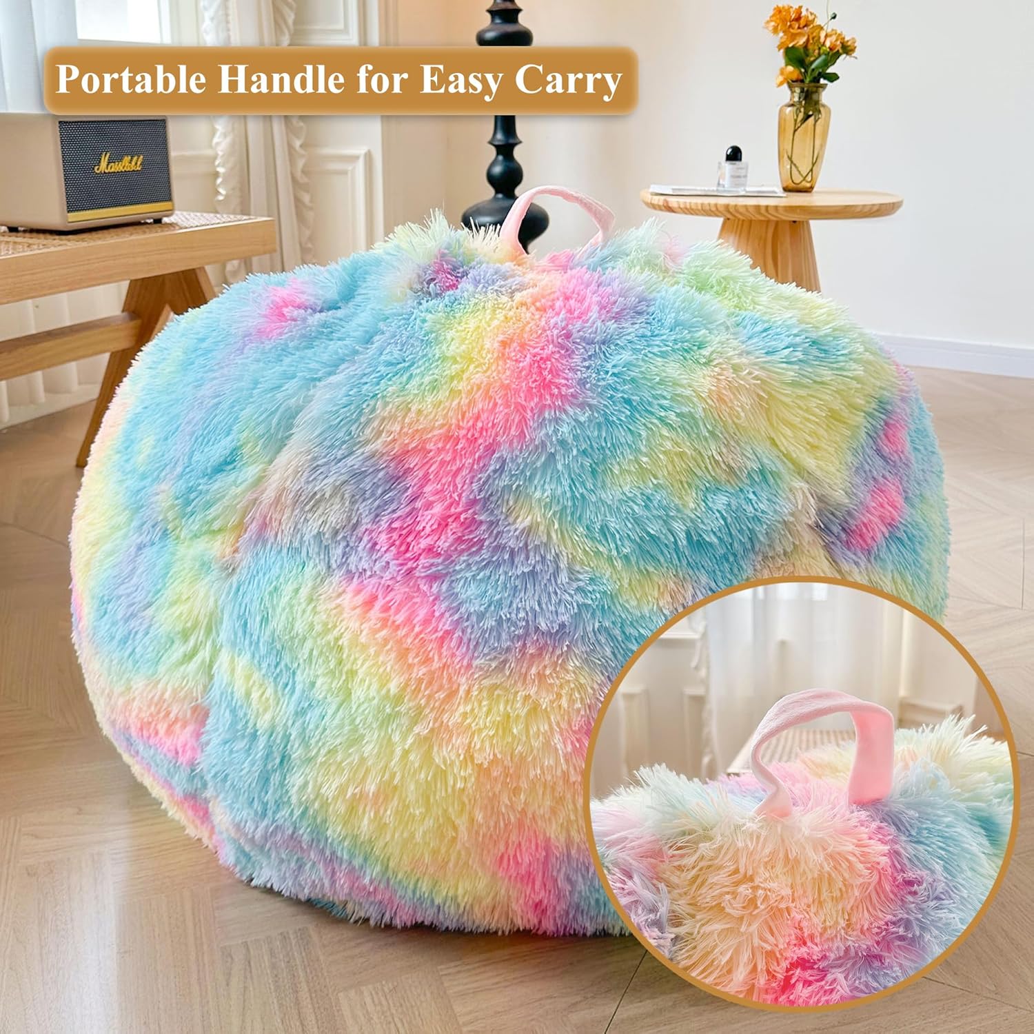 XeGe Kids Fluffy Faux Fur Bean Bag Chair Cover (No Filler), Soft Furry Stuffed Animal Storage Bean Bag Cover for Plush Toys, Shaggy Fuzzy Beanbag for Kids Teens Girls Children, Anti-Slip, Rainbow