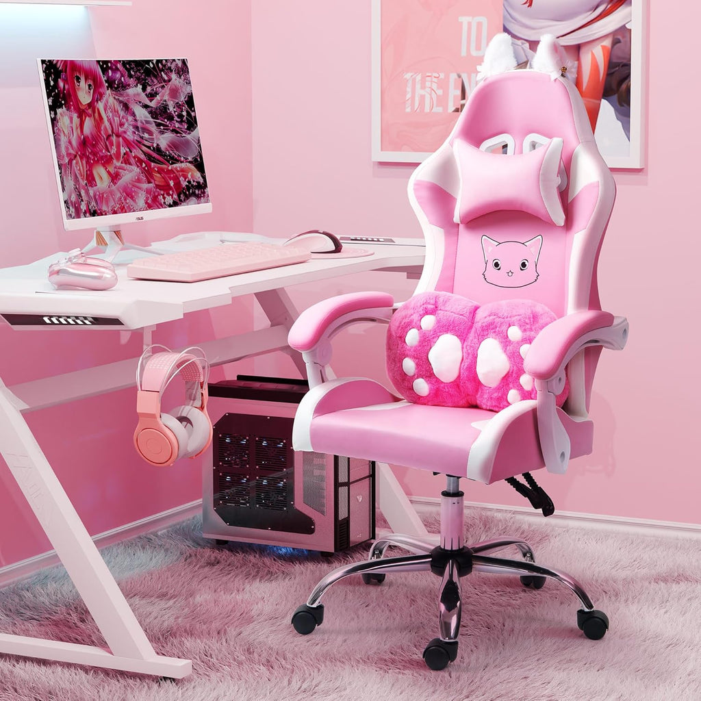 Pink Gaming Chair with Cat Paw Lumbar Cushion and Cat Ears, Reclining PC Game Computer Chairs, Ergonomic Gamer Chair for Kids, Girls, Teens