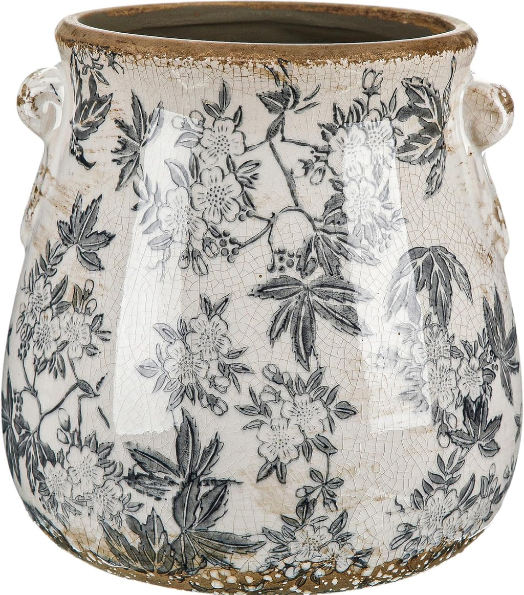 Ceramic Scroll Planter 6.5 Inch Chinoiserie Floral Vase with Drainage Holes Vintage Flower Vase Flower Pot Rustic Ceramic Pots for Indoor Plants Garden Home Bookshelf Decor(Retro Gray)