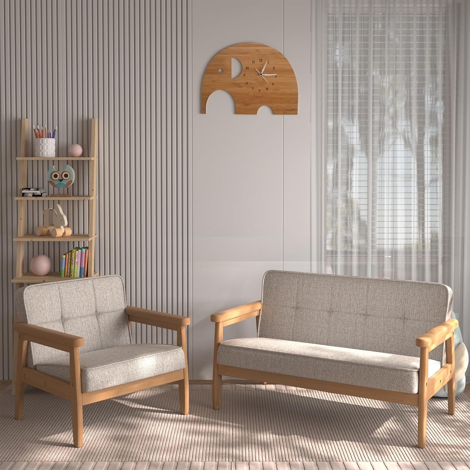 Double Seater Kid Sofa Chair, Kid Couch with Solid Wood Arm and Linen Pattern PVC for Kids Rest (Light Grey)