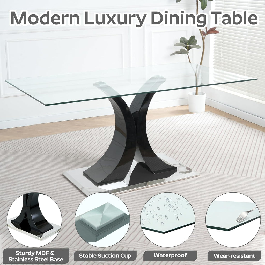 Modern Luxury Glass Dining Table for 4-6, 63'' Clear Minimalist Glass Top Kitchen Table, Large Apartment Rectangle Dinner Room Table with Black MDF & Silver Stainless Steel Base, for Home