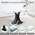Modern Luxury Glass Dining Table for 4-6, 63'' Clear Minimalist Glass Top Kitchen Table, Large Apartment Rectangle Dinner Room Table with Black MDF & Silver Stainless Steel Base, for Home