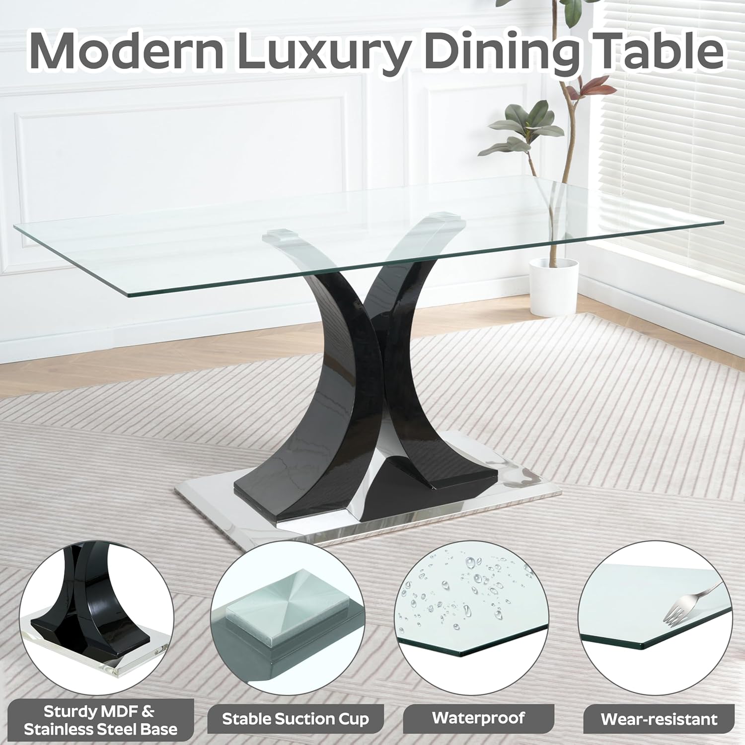 Modern Luxury Glass Dining Table for 4-6, 63'' Clear Minimalist Glass Top Kitchen Table, Large Apartment Rectangle Dinner Room Table with Black MDF & Silver Stainless Steel Base, for Home