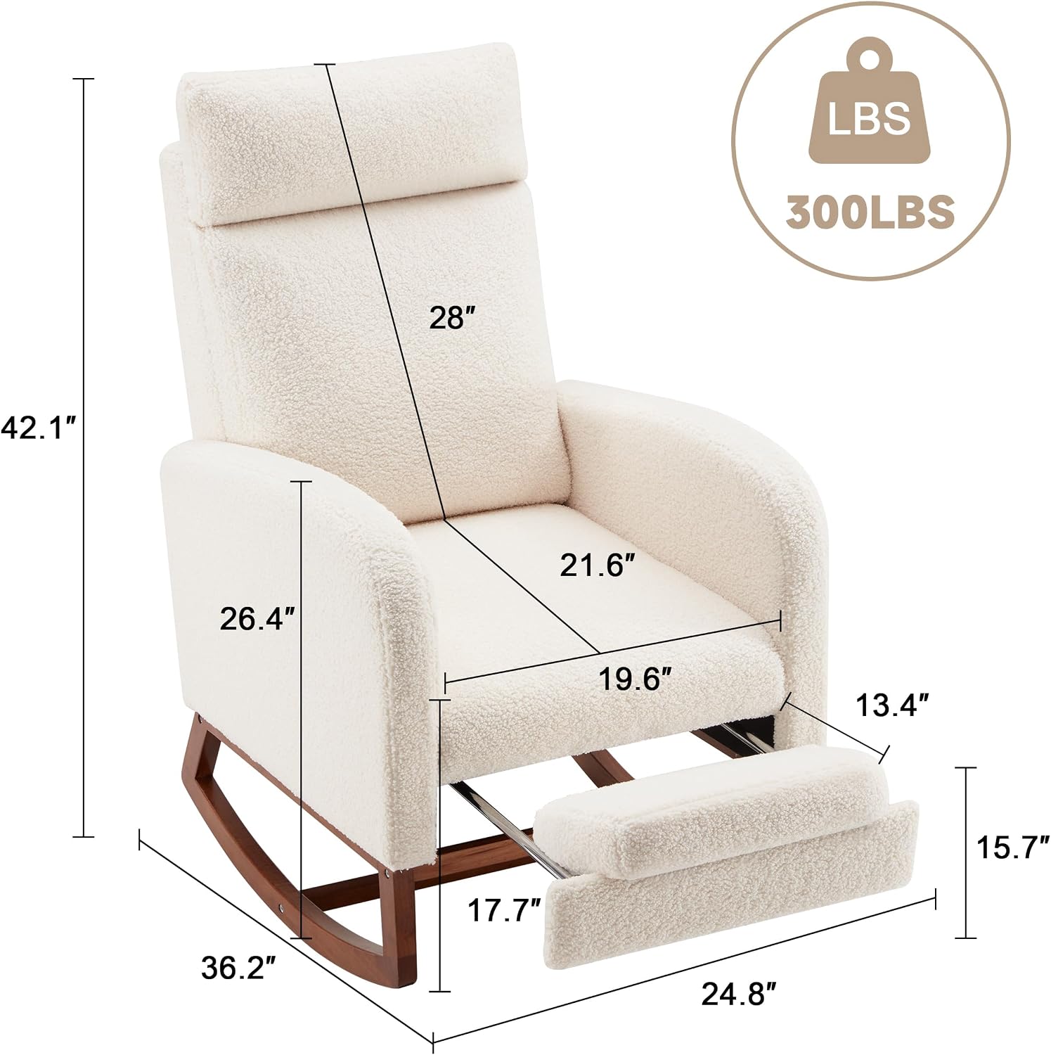 Rocking Chair Nursery Teddy High Back Rest Glider Rocker with Footrest Nursing Rocking Chairs Upholstered Accent Arm Chair for Living Room Bedroom Indoor, Teddy White