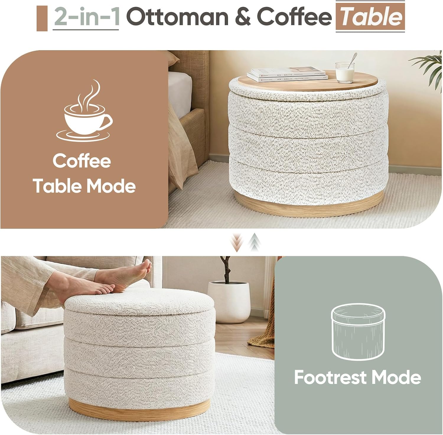Round Storage Ottoman with Tray Lid, Folding Chenille Fabric Footrest with Hidden Storage, 22.8" Large Footstool Side Table for Dorm Living Room Bedroom, Wood Grain Base, Cream White
