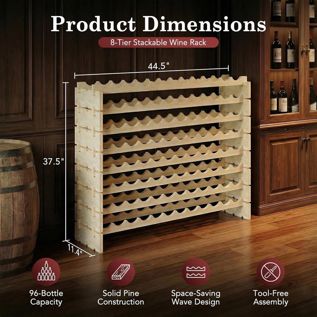 F2C Wood 96-Bottle Stackable Modular Wine Rack Wood Wine Cabinet Free Standing Wine Storage Organizer Display Shelf Wine Bottle Holder Kitchen Decor Classic Style, Wobble Free (96 Bottles)
