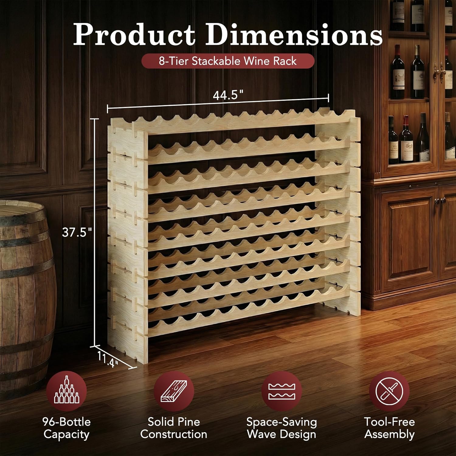 F2C Wood 96-Bottle Stackable Modular Wine Rack Wood Wine Cabinet Free Standing Wine Storage Organizer Display Shelf Wine Bottle Holder Kitchen Decor Classic Style, Wobble Free (96 Bottles)