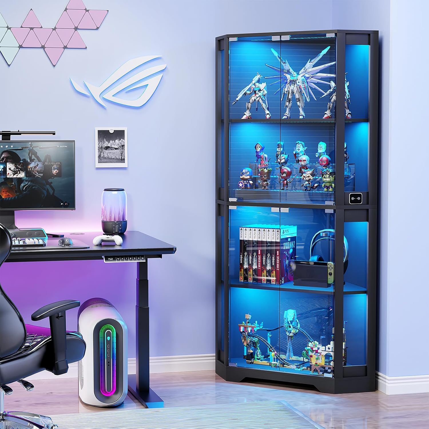 BROTTAR Corner Display Cabinet with Glass Doors, 65" Lighted Curio Cabinet with 3 Color LED Lights for Collectibles, 4-Tier Showcase Display Case with Human Body Sensor for Toys, Books, Black