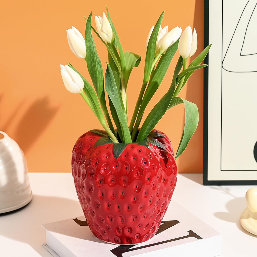 AOMOONOA Red Strawberry Vase for Flowers, Decorative Ceramic Fruit Vase, Strawberry Shaped Planter Pot with Green Leaves and Black Seeds for Table Centerpiece, Home Spring Kitchen Decor