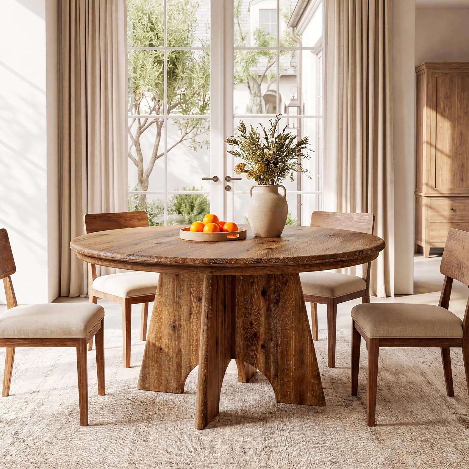 47" Solid Wood Round Dining Table for 4-6 People, Farmhouse Kitchen Table for Dining Room, Kitchen, Living Room, Rustic Brown