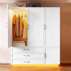 72" Wooden Armoire Wardrobe Closet with 3 Door White Bedroom Armoire with LED Light 3 Drawers Large Modern Wardrobe Cabinet with Retro Ceramic Door Handles and Removable Hanging Rod