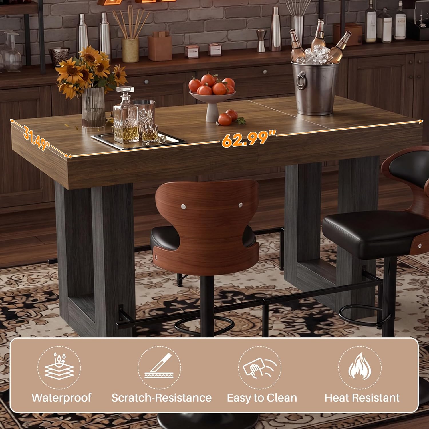 Miereirl 62.99 Inch Counter Height Table，Bar Counter Height Dining Table，Bar Table with Metal Footrest ，for Kitchen, Living Room, Bar， Seats 4-6 People, Brown&Black