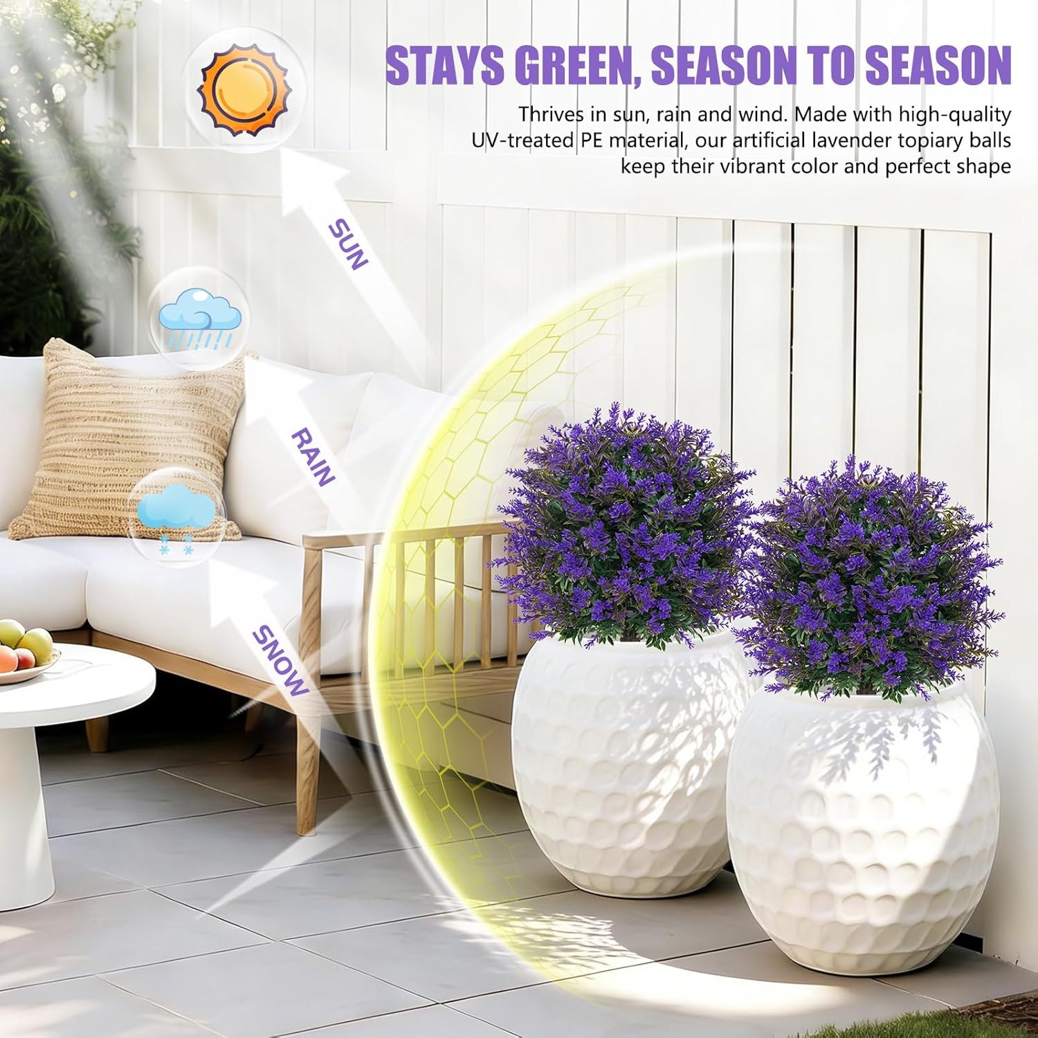 Yangrass Artificial Lavender Boxwood Topiary Ball Trees, 2 Pack Artificial Outdoor Shrubs with Spike, UV Resistant Fake Bushes Plants for Outside Indoors Garden Front Porch