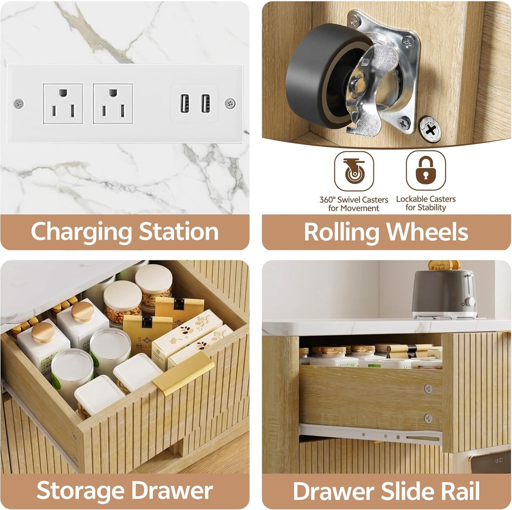 Kitchen Island Cart with Storage, 47.2"x31.5" Kitchen Island Marble Top Adjustable Shelf Rolling Storage Cart with Drawer Coffee Bar Cabinet with Power Outlet - Natural Wood