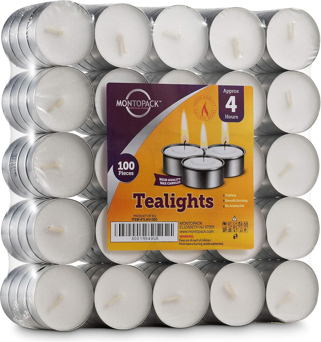 MontoPack Unscented Tea Light Candles 100 Pack | 4 hours, White, Smokeless, Dripless Small Votive Paraffin Tealights | Long-Lasting for Home, Shabbat, Weddings, Events, Emergencies | Mini Candles Bulk