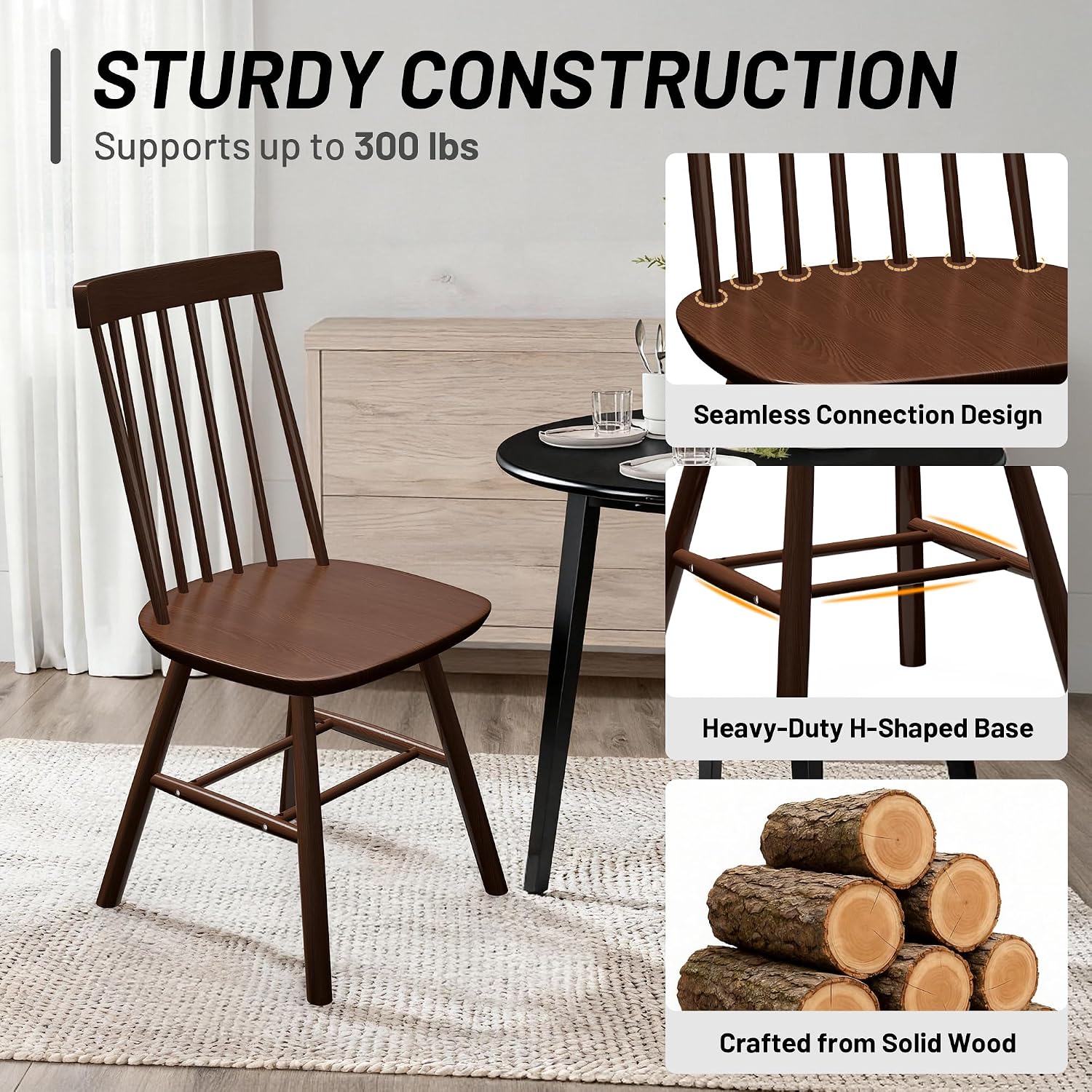 AreShark Brown Dining Chairs Set of 6, Farmhouse Wooden Windsor Dining Room Chairs, Solid Wood Spindle Back Kitchen Chairs