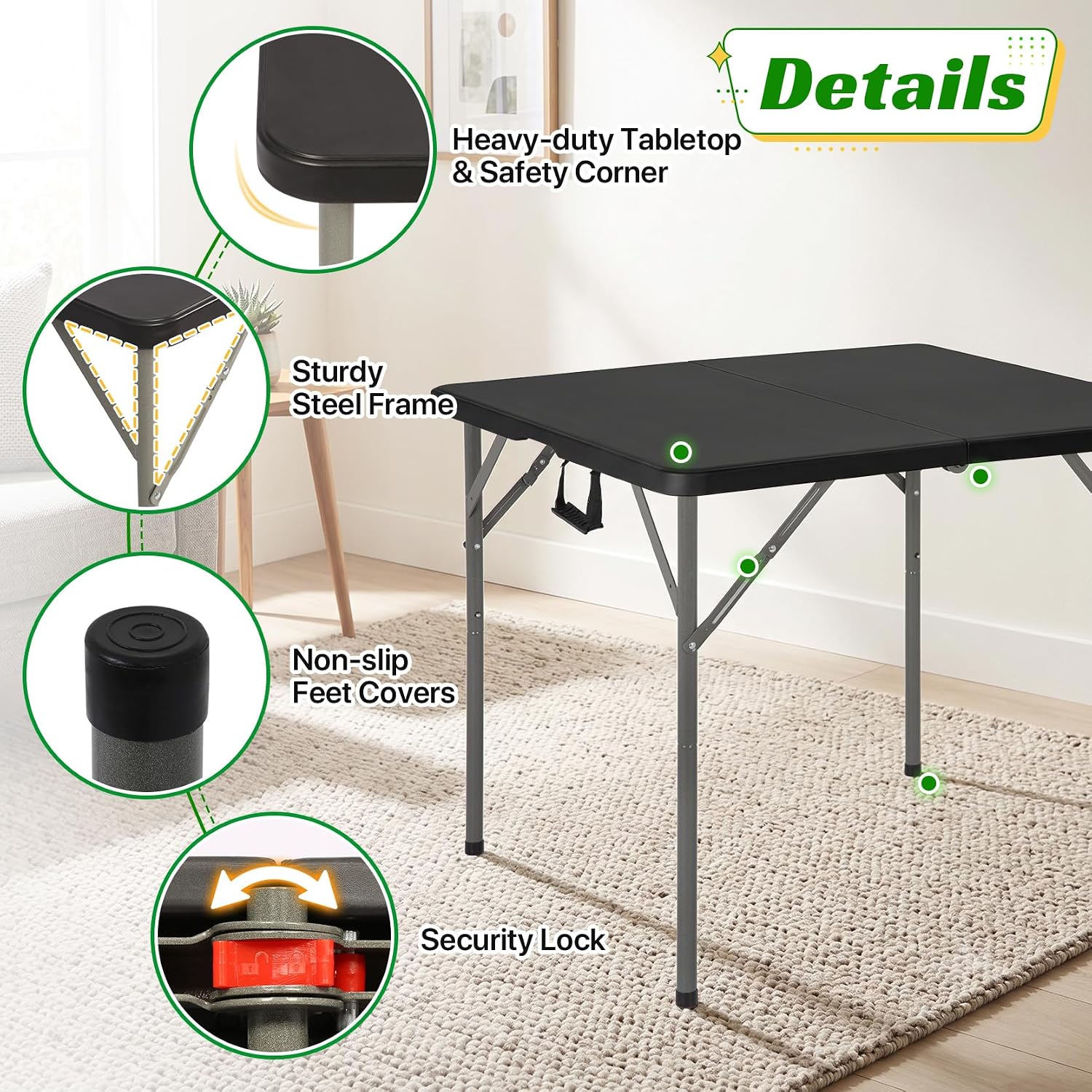BLKMTY 34" Square Folding Card Table, Portable Picnic Dining Table, White | Fold-In-Half Plastic Tables Desk W/ Carry Handle, Indoor Outdoor Foldable Utility Tables, For BBQ, Camping, Party, Events