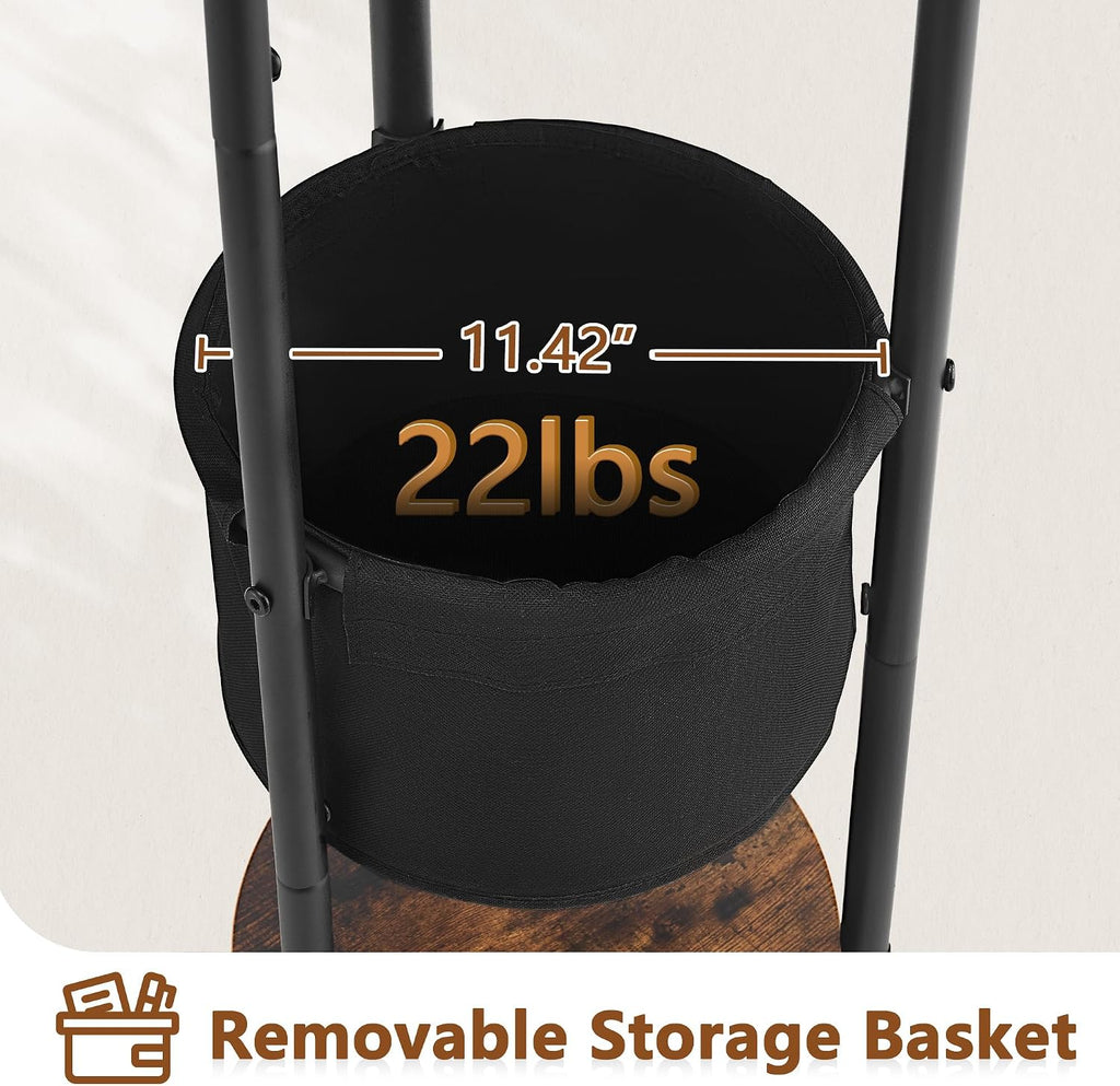 Hoctieon Coat Rack Freestanding, Round Coat Rack with 3 Wooden Shelves and 1 Fabric Basket, Metal Clothes Tree with 5 Hooks, Coat Hanger Stand for Clothes, Hats, Bags, Brown and Black