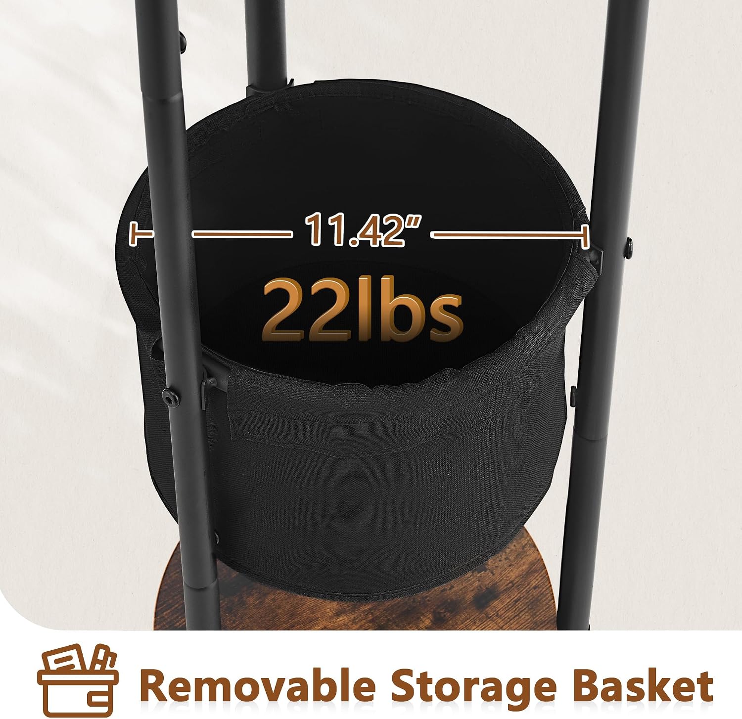 Hoctieon Coat Rack Freestanding, Round Coat Rack with 3 Wooden Shelves and 1 Fabric Basket, Metal Clothes Tree with 5 Hooks, Coat Hanger Stand for Clothes, Hats, Bags, Brown and Black